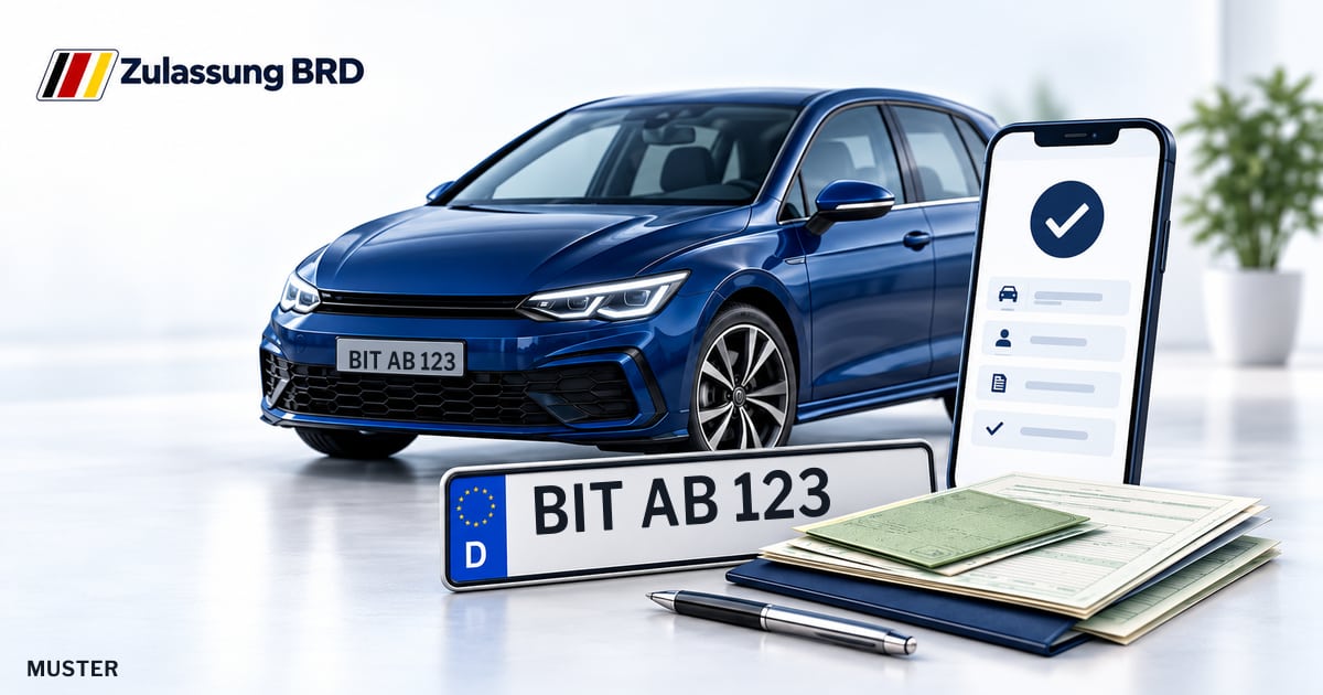 Online Fahrzeugzulassung in Eifelkreis Bitburg-Prüm: Musterkennzeichen BIT AB 123, Auto und Fahrzeugpapiere und Smartphone. Illustration mit Logo von Zulassung BRD.